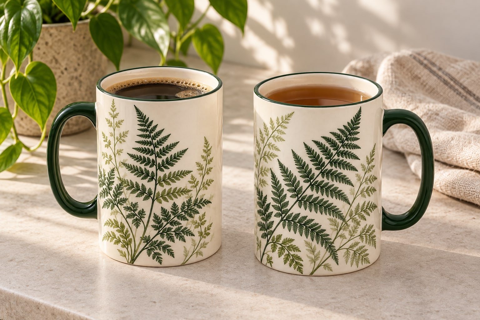 Merlunia fern botanical drinkware concept in a lifestyle setting