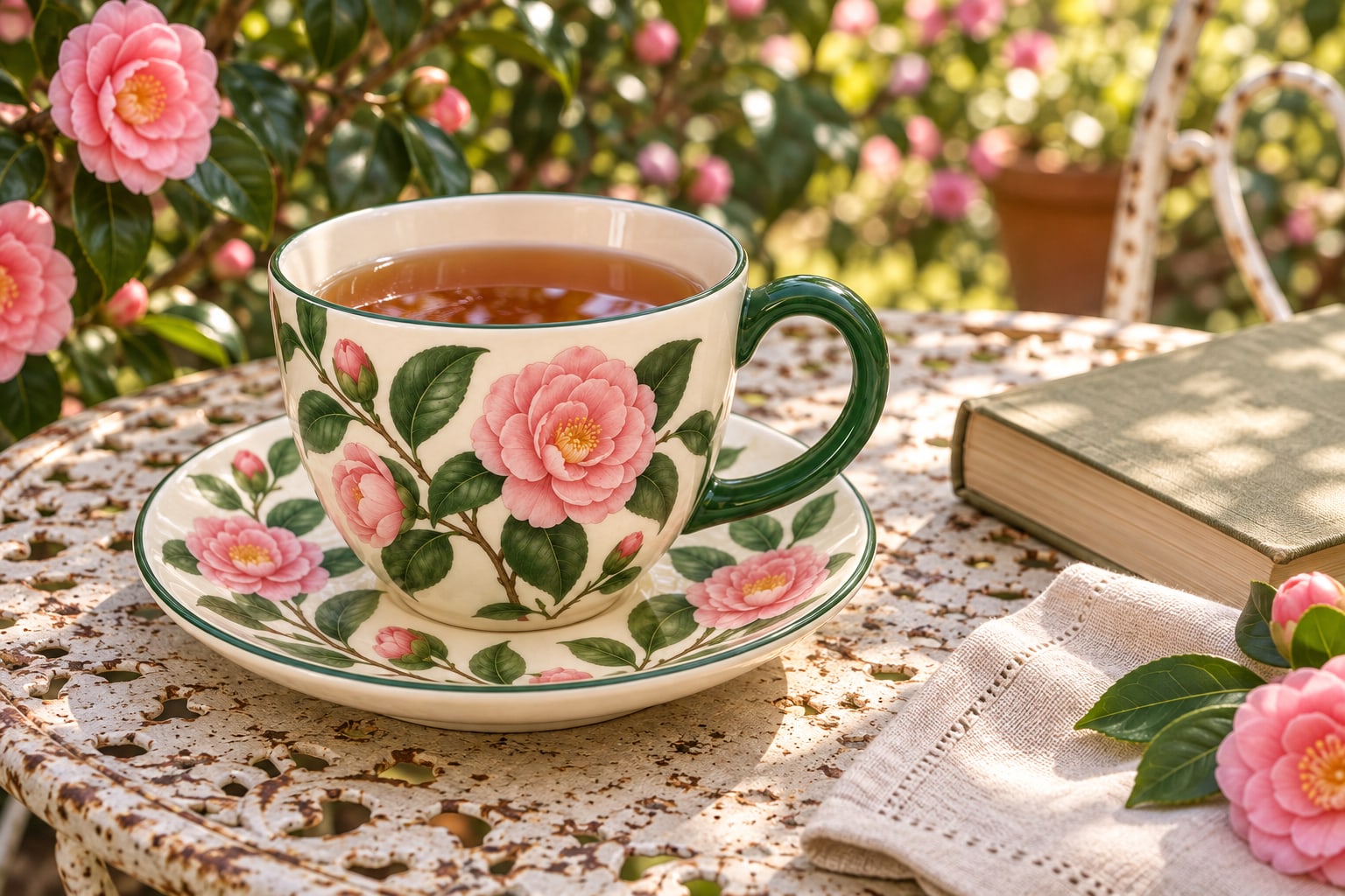 Merlunia camellia botanical drinkware concept in a lifestyle setting