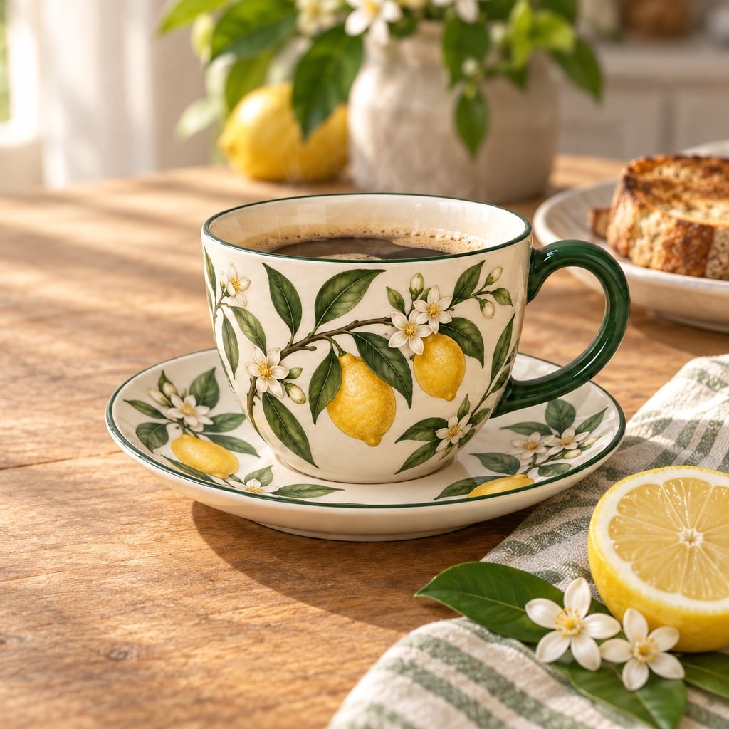Merlunia Lemon Blossom Cup & Saucer - scene concept