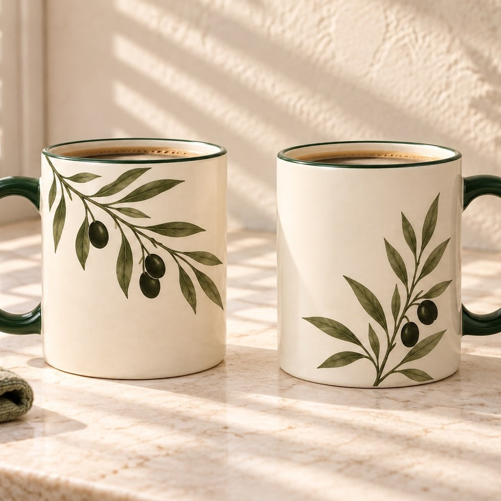 Merlunia Olive Branch Mug Duo - scene concept