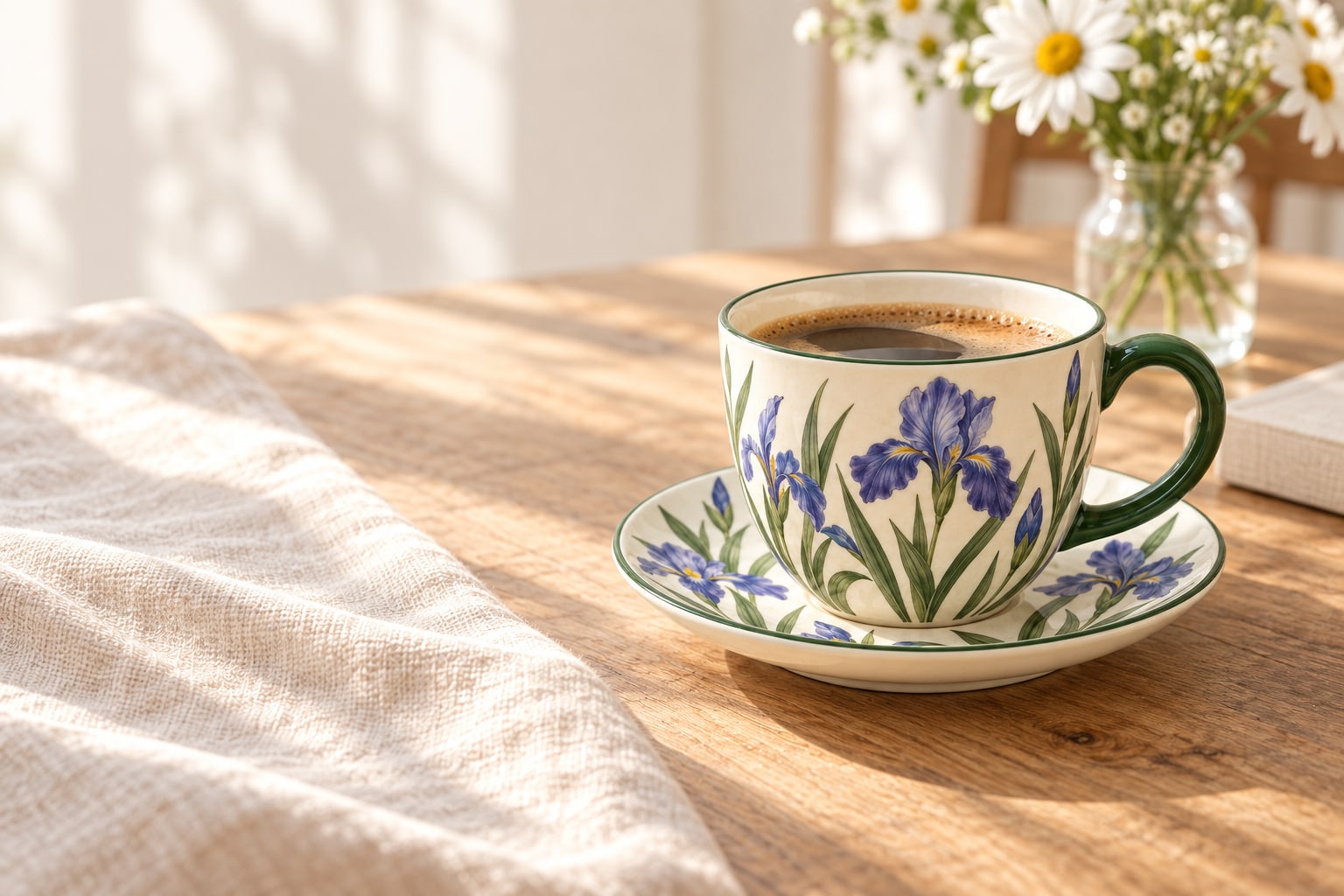 Merlunia iris botanical drinkware concept in a lifestyle setting